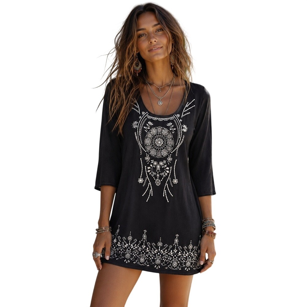 JW Los Angeles Johnny Was Charcoal Gray Embroidered Boho T-Shirt Dress 3/4 Slv L